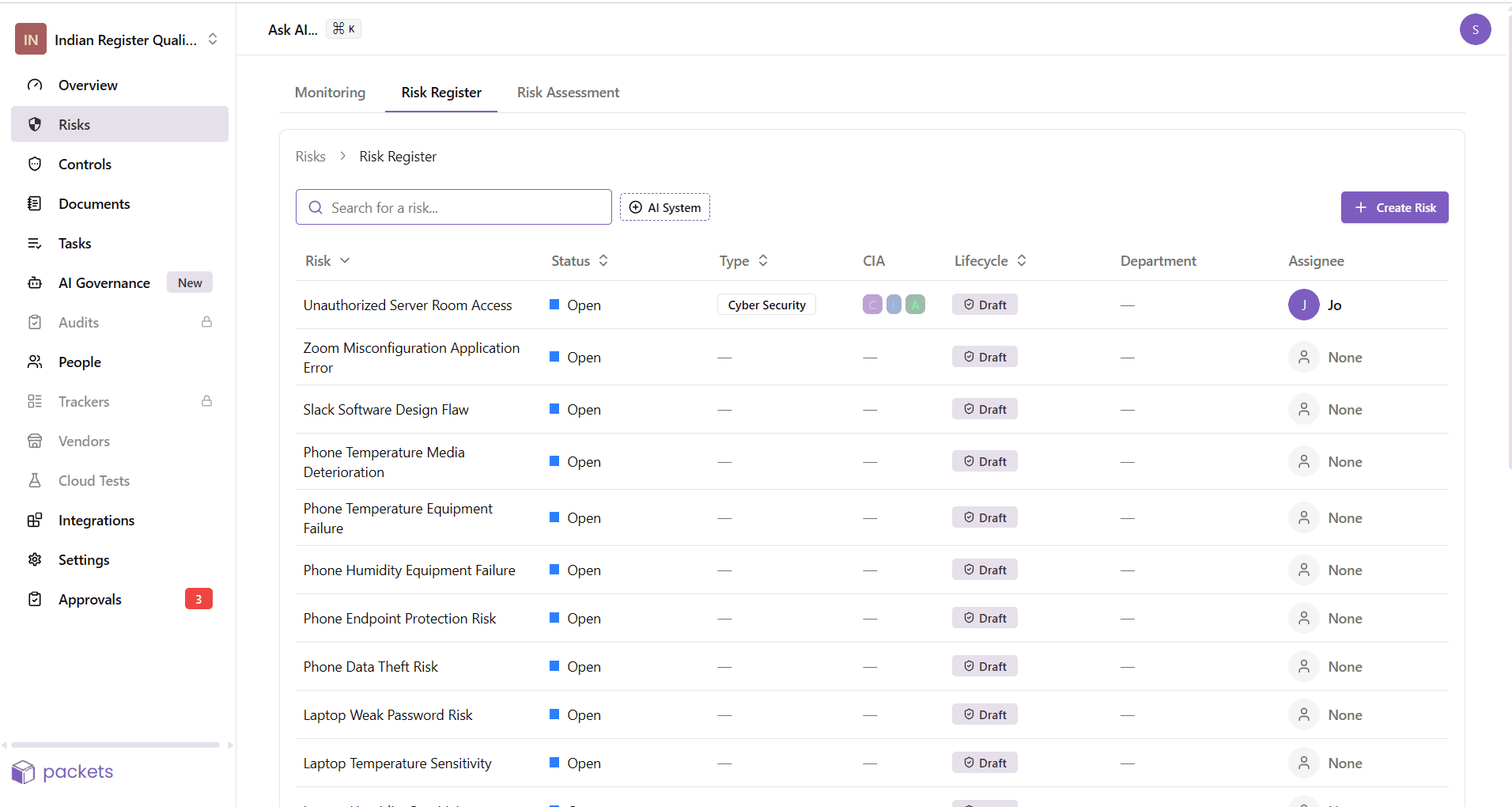 Risk and vendor registers